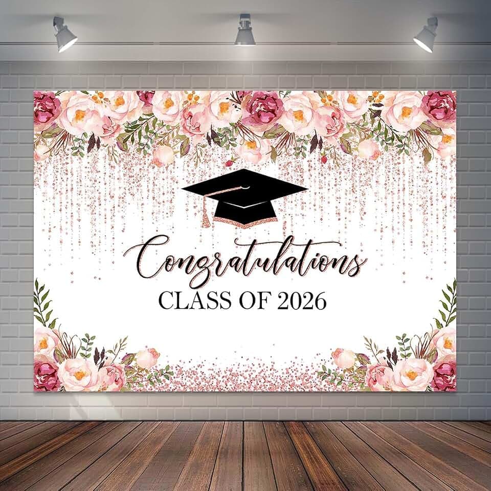 Rose Gold Graduation Backdrop Watercolor Floral Glitter Dots Class of 2026 Photography Background 2026 Congrats Grad Prom Party Decorations Banner Photo Studio Props (7x5ft)
