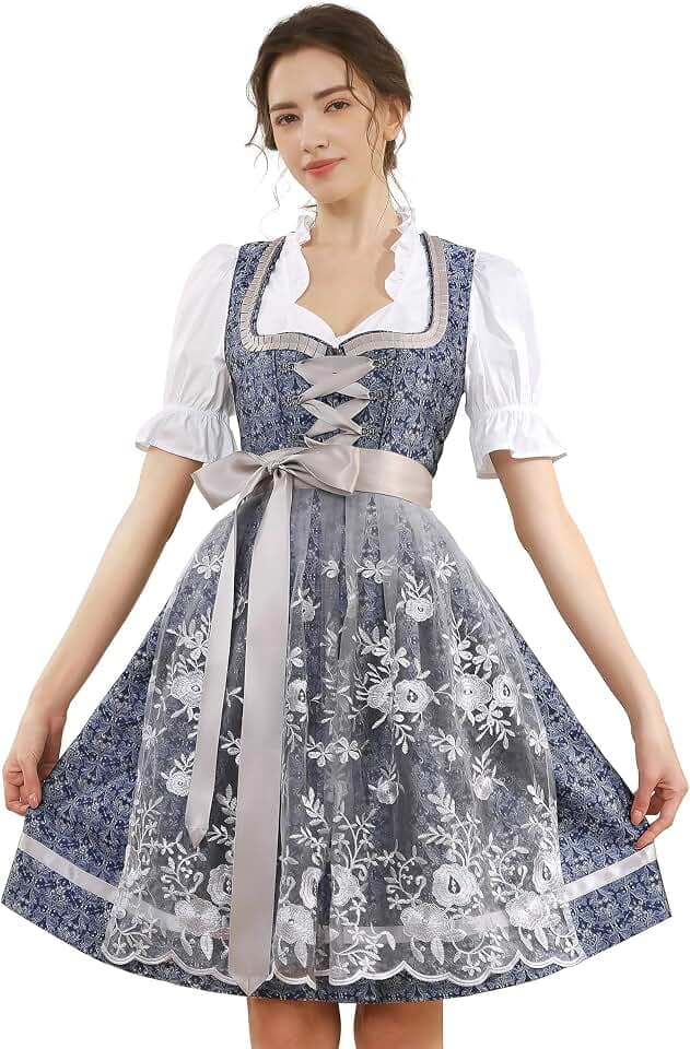 Dirndl Damen Midi Dirndlkleid Trachtenkleid Lang Trachtenrock 3 Teilig