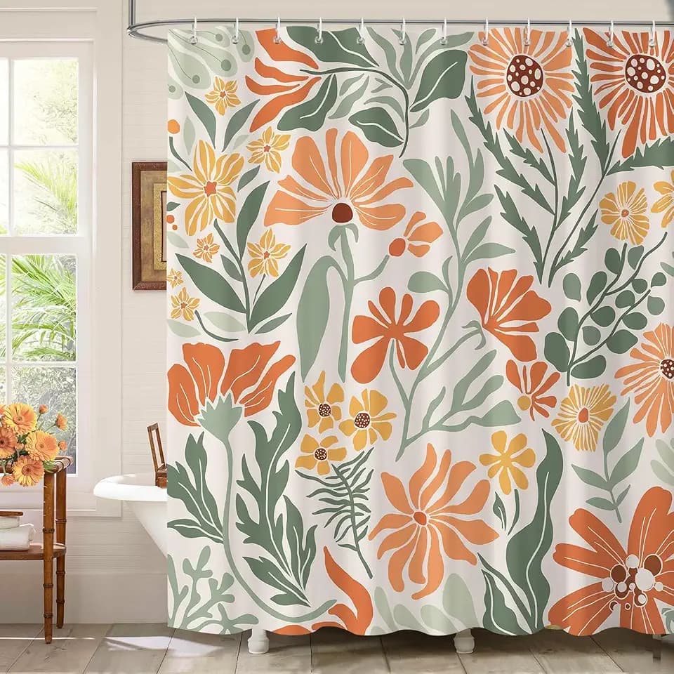 Dazzlewall Boho Blumen Matisse Orange Duschvorhang 183x200 cm Anti-Schimmel
