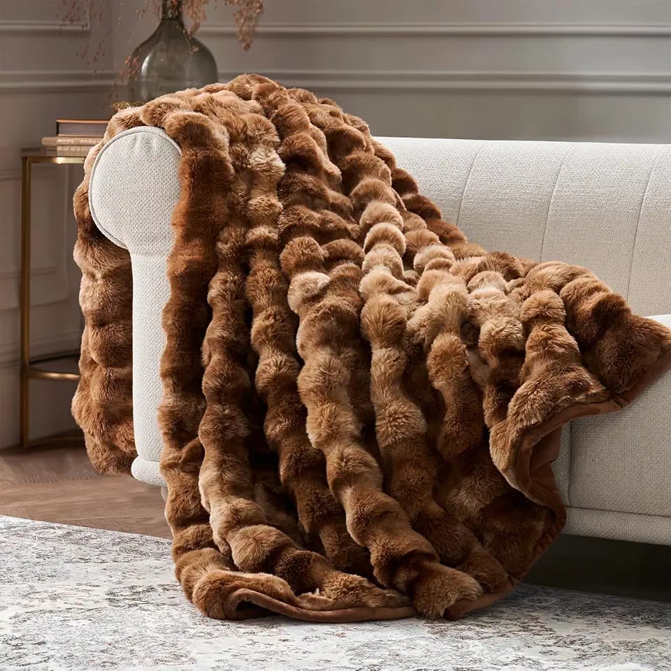EverGrace Faux Rabbit Fur Bubble Throw Blanket, 60"x80", Lion Caramel