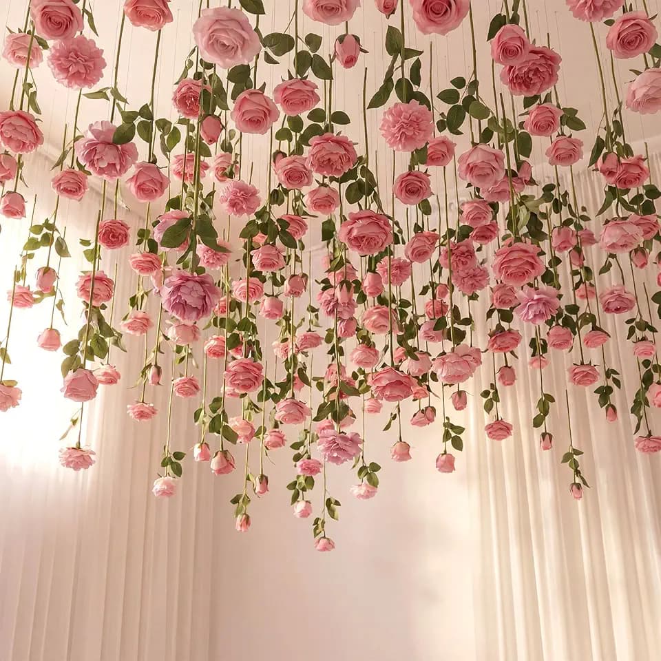 Lyrow 120 Pack Pink Roses Artificial Flowers Bulk Hanging Floating Garland Fake Pink Rose Vine for Ceiling Decoration Wedding Anniversary Bridal Bouquet DIY Floral Arrangement Proposal Romantic Decor