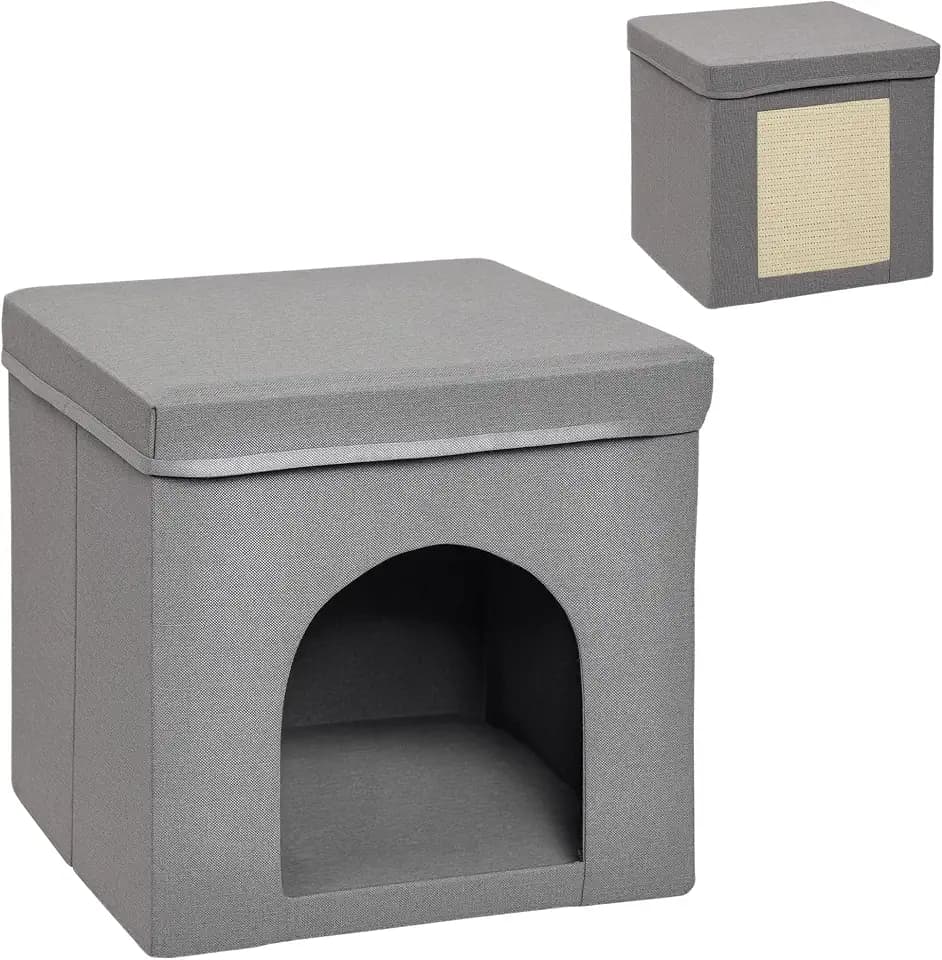PawHut Katzenhaus, Würfel, faltbar, mit Kratzbrett, flauschiges Kissen, Stoff, Leinenoptik, 36,5 x 36,5 x 36,5 cm, Grau