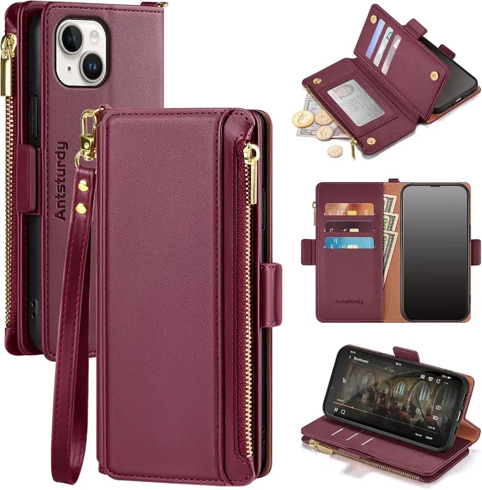 Antsturdy for iPhone 15 Phone Wallet Case Women,Wine Red
