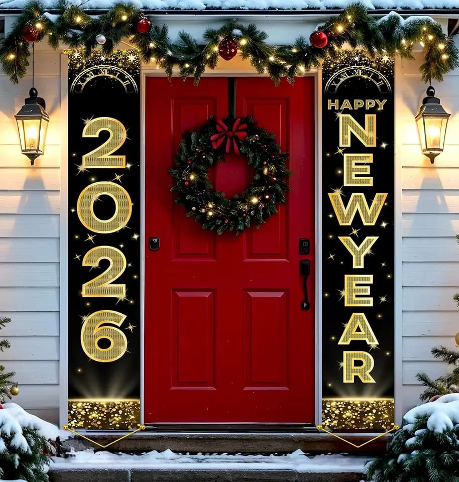 Upgraded, Ideal New Years Decorations 2026, 300D Premium Happy New Year Banner 2026, Large 71x12in (with 2pcs Golden hanging rod) Classic Design, HQ Fabric, HD Printing, Perfect for NYE Decorations