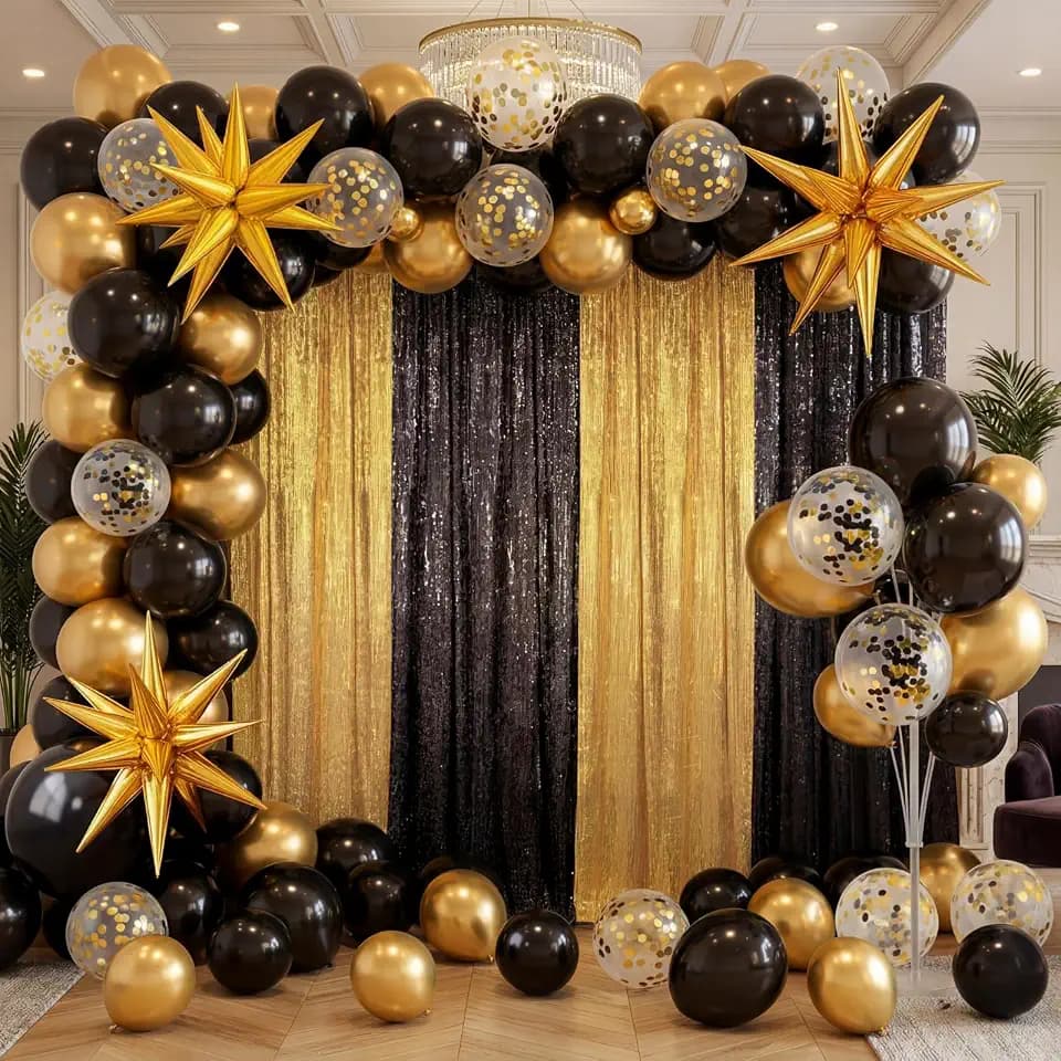 Capoda 142 Black and Gold Party Decoration, 4 Sequin Curtains 138 Balloons