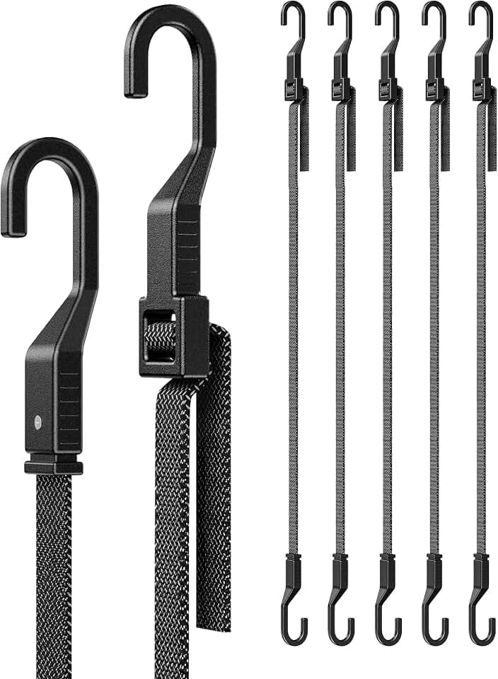 60" Flat Adjustable Bungee Cords with Hooks, 3X Faster to Adjust the Length