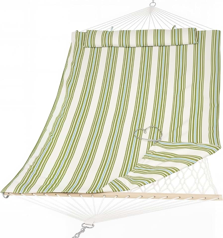 SUNCREAT Portable 2 Person Hammock with Hardwood Spreader Bar, Cotton Rope Outdoor Hammock with Polyester Pad, Green&Beige