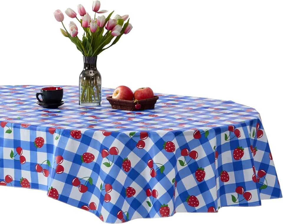 Newbridge Berry Sweet Cobalt Vinyl Kitchen Tablecloth, 60 x 84 Inch Oval