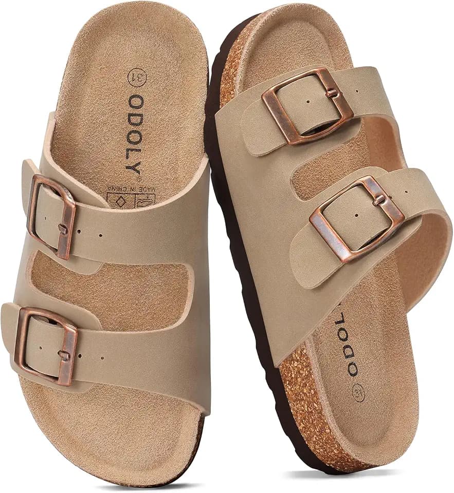 ODOLY Kids Cork Footbed Slides Sandals Adjustable Buckle Summer Shoes