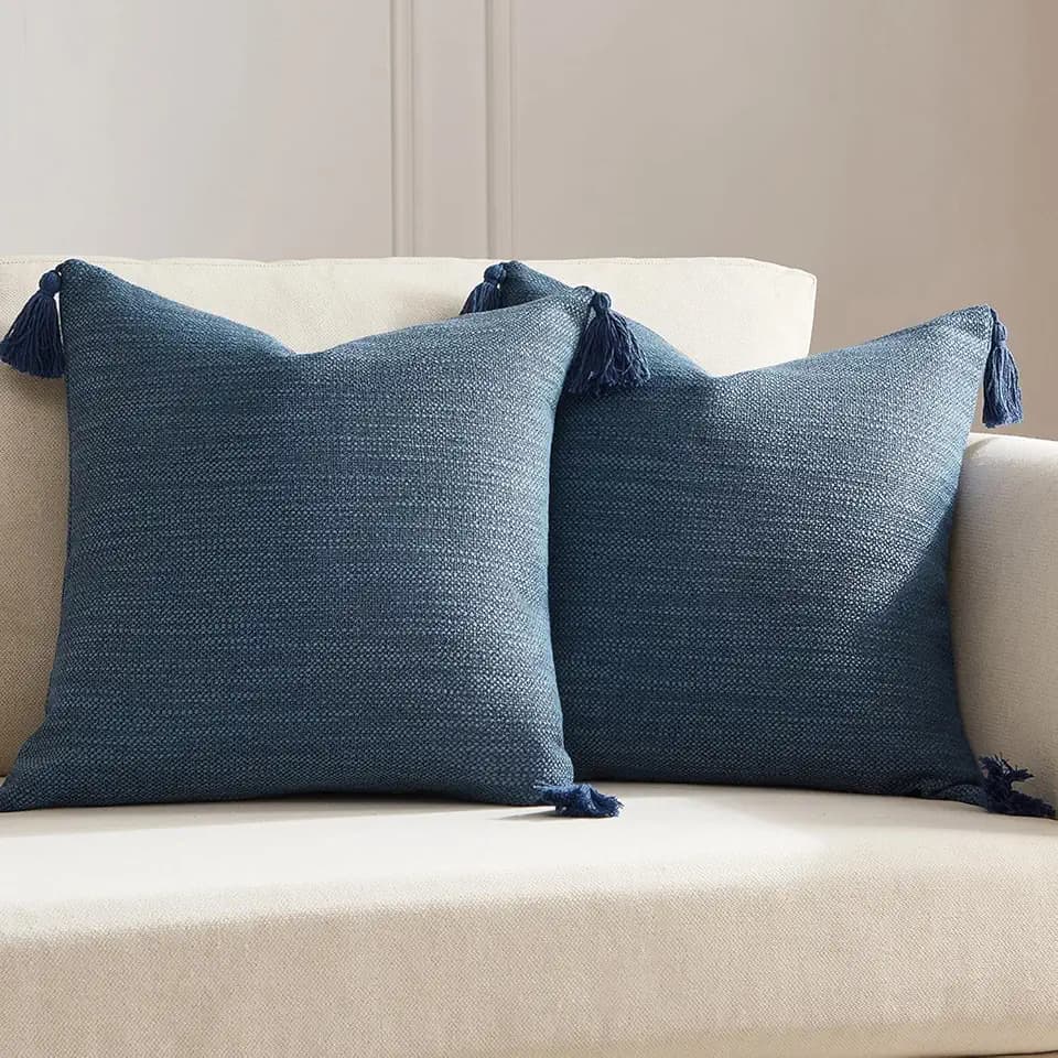 Meekio Set of 2 Marine Blue Pillow Covers 18x18 with Tassels, Linen Look Decorative Throw Cushion Covers for Sofa Couch, Farmhouse Boho Living Room Home Decor