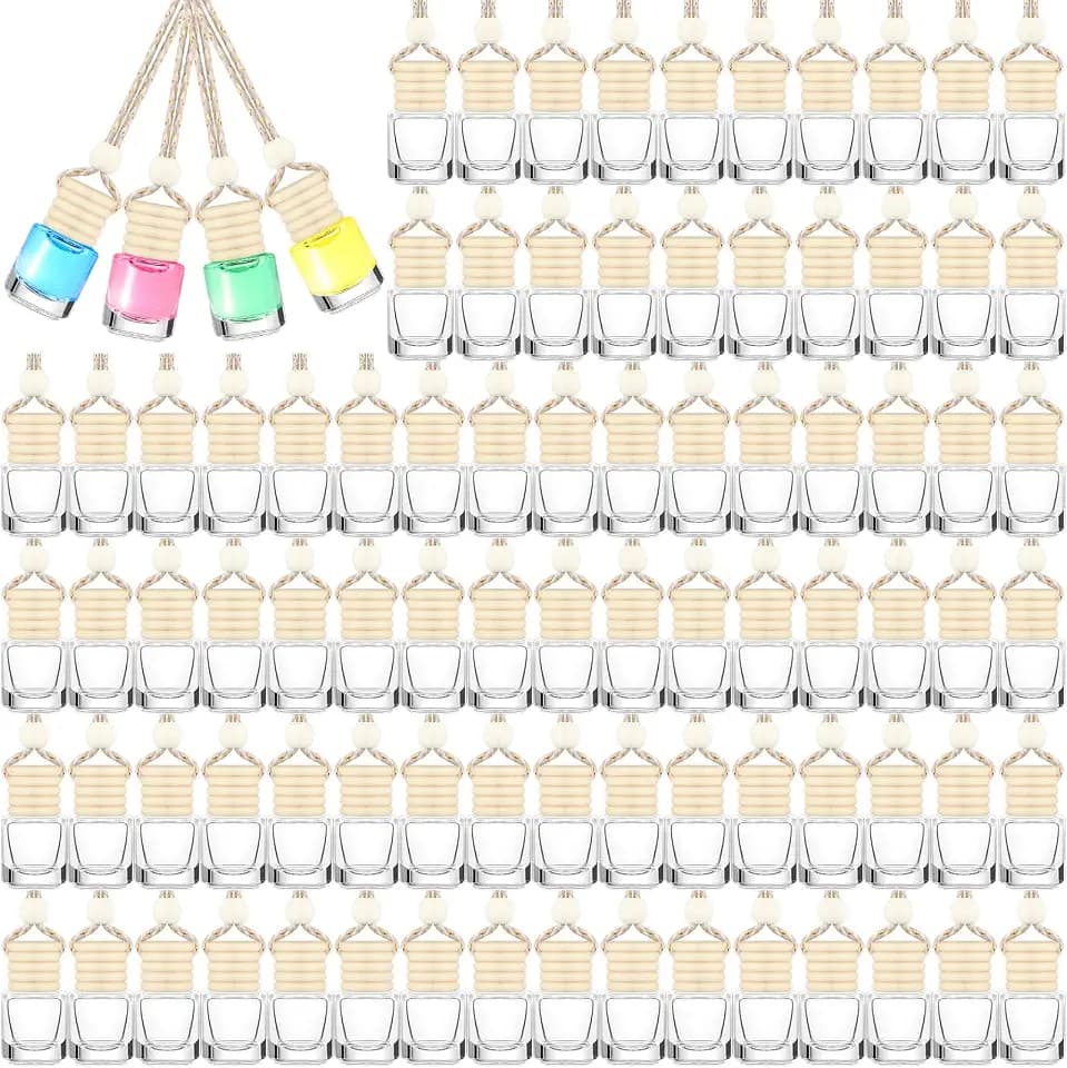 SiliFine 300 Pcs Car Diffuser Bottles with Wooden Cap 4.8ml Empty Glass Perfume Bottles Bulk Hanging Clear Car Diffuser Fragrance Holder Air Fresheners for Aromatherapy(Cylinder)