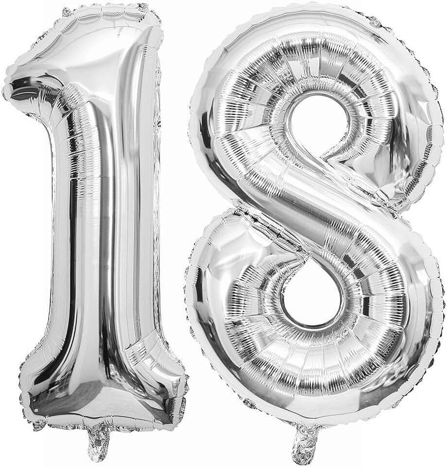 Silver 18 Number Balloons, 40 Inch Giant Number 18 Balloons Foil Mylar Helium Silver Number Balloons for 18th Birthday Party Supplies Anniversary Event Celebration Decorations