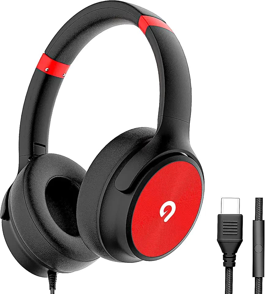 ADOOPE USB C Wired Over-Ear Headphones with Mic, Hi-Fi Stereo Sound, Noise-Isolating Ear Cups, Comfortable Fit for iPhone15/16, Samsung Galaxy S24/S23, Type-C Phones & Tablets (Black&Red)