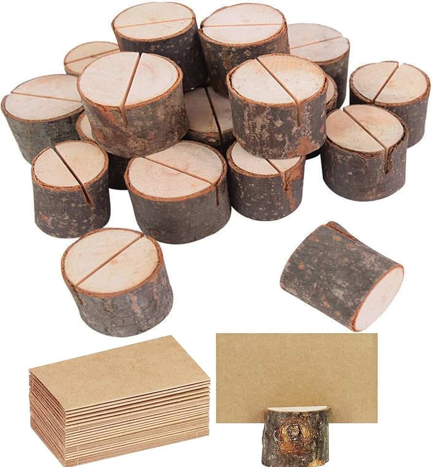 YUEMING 24stk Tischkartenhalter Holz Kartenhalter Holz Menükartenhalter mit 24 Tischkarten, Platzkartenhalter Memohalterholz, Vintage Tischdeko für Hochzeiten, Weihnachten, Taufe, Geburtstage Mehr