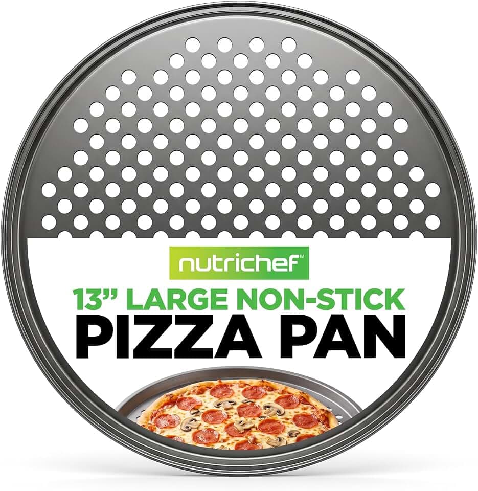 NutriChef 12.8 Inch Nonstick Pizza Pan for Oven - Carbon Steel Pizza Baking Tray with Airflow Holes - Premium Bakeware for Fresh & Frozen Pizza, Dishwasher Safe - Gray