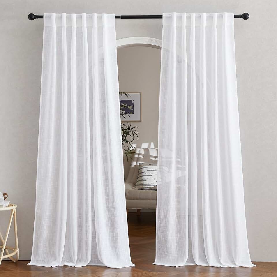 NICETOWN White Linen Sheer Curtains 90" Length, Rod Pocket & Back Tab Window Treatments Semi Sheer Curtain Drapes Privacy with Light Through for Living Room/Bedroom, 104 inch Length Total 2 Panels