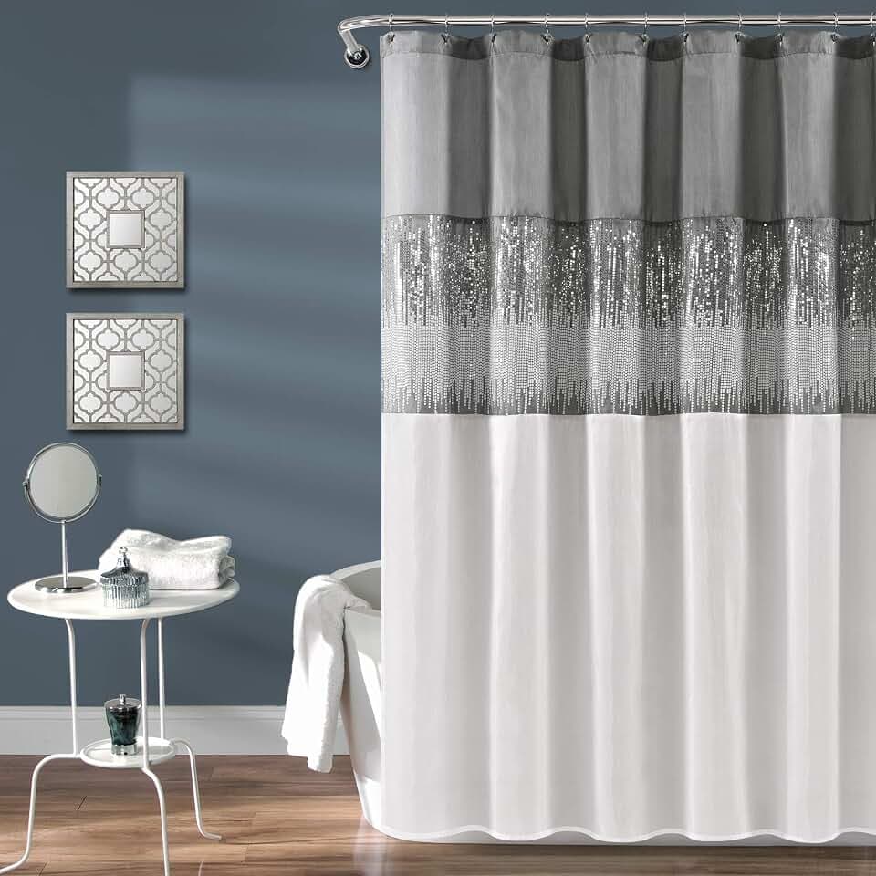 Lush Decor Night Sky Shower Curtain, Single, 72" W x 72" L, Gray & White - Sequin Shower Curtain - Sparkly Color Block Bath Curtain - Modern Glam Bathroom Decor