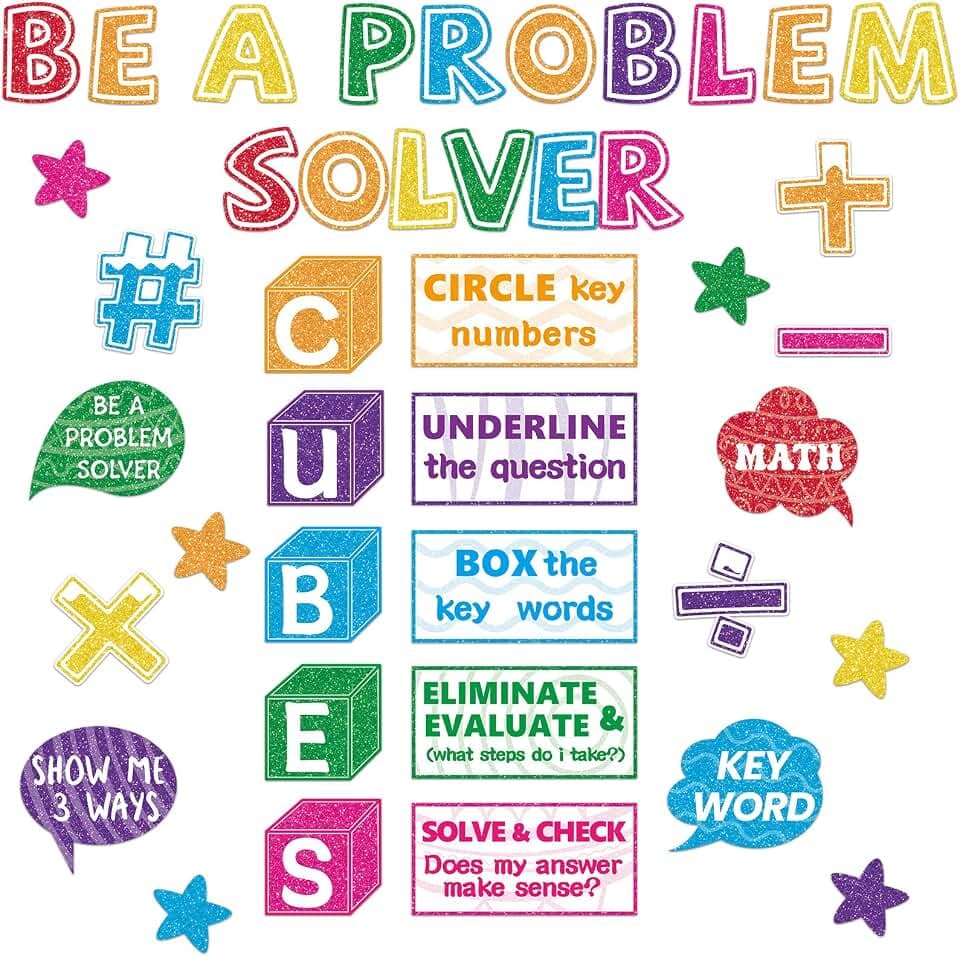 41Pcs Math Bulletin Board Set Cubes Math Keywords Paper Cutouts Problem Solving Bulletin Board Cutout Math Poster for Summer Classroom Back to School Wall Home Elementary Preschool Teacher Supplies