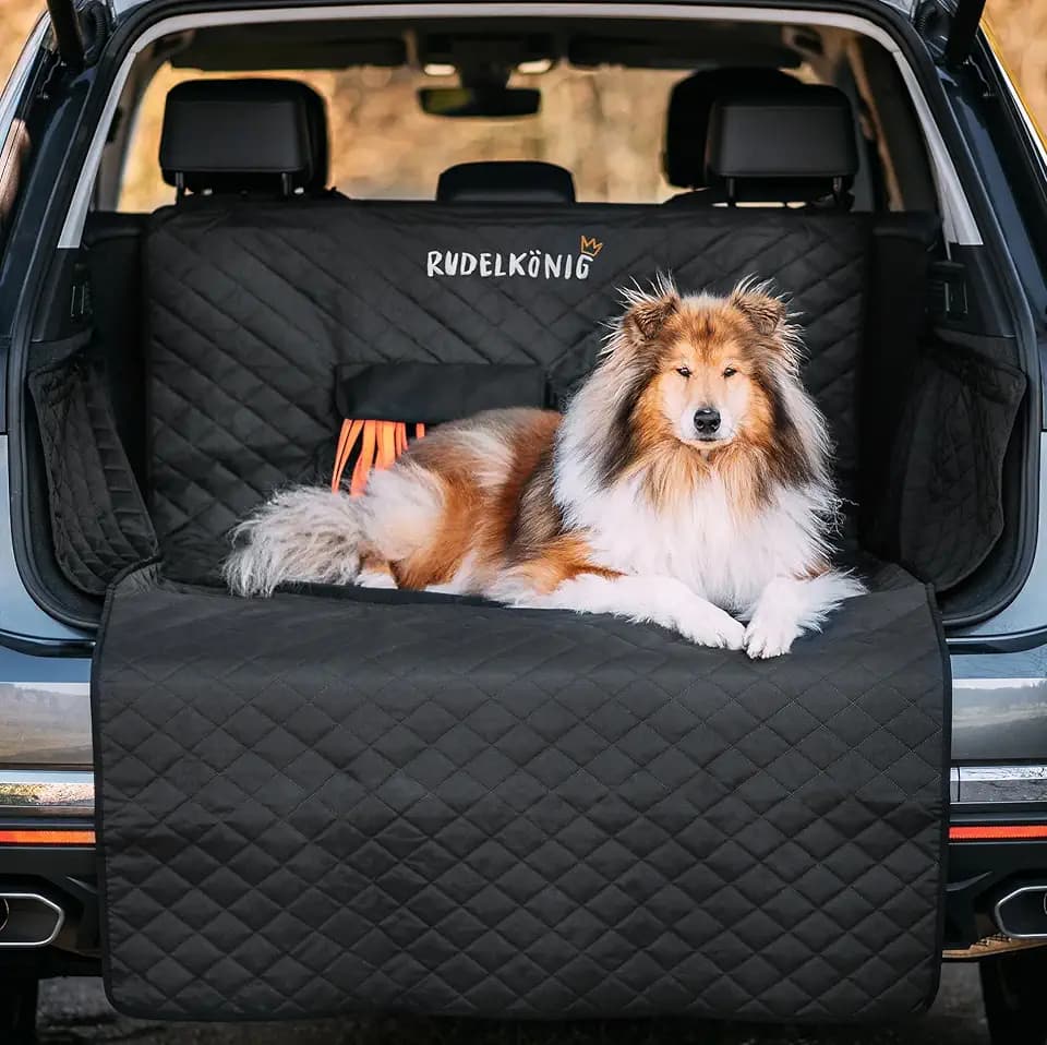 Rudelkönig Kofferraumschutz Hund - Auto Hundedecke mit Ladekantenschutz | Gesteppte Kofferraum Schutzmatte mit Seitenschutz & Tasche, Wasserabweisende Hundedecke, Universelle Passform für Kombi & SUV