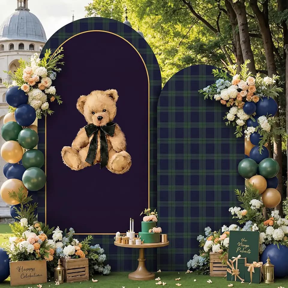 Moukeren Tartan Plaid Teddy Bear Arch Backdrop Cover 6ft and 7.2ft