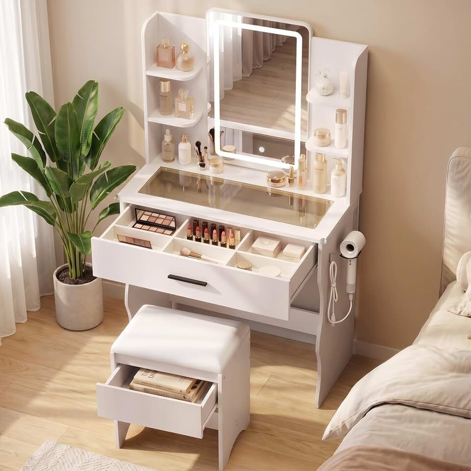 Ball & Cast Small Vanity Desk with Mirror and Lights,Transparent Top,White