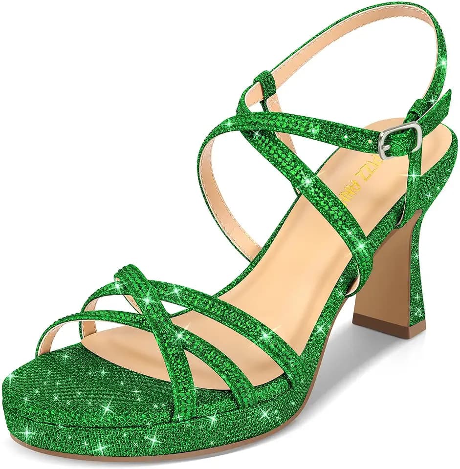 PIZZ ANNU Women's Stellora Platform High Heels Block Chunky Strappy Sparkly Rhinestone Open Toe Ankle Strap Dress Pump Sandals Shoes for Party Wedding