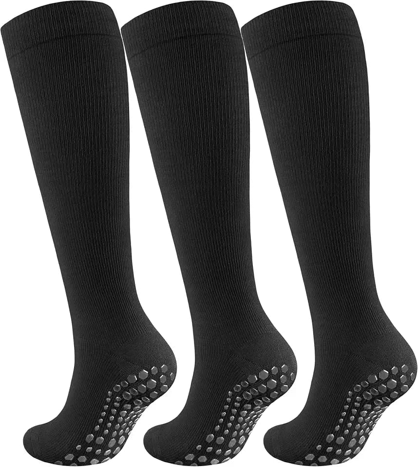 Cotton Compression Socks Women&Men with Grips Non Slip 15-20mmHg Knee High Graduated Sock for Nurse, Pregnancy, Yoga