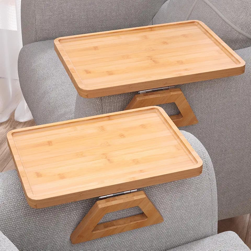 2 Pack Bamboo Couch Arm Tray,Folding Sofa Armrest Table（Natural）