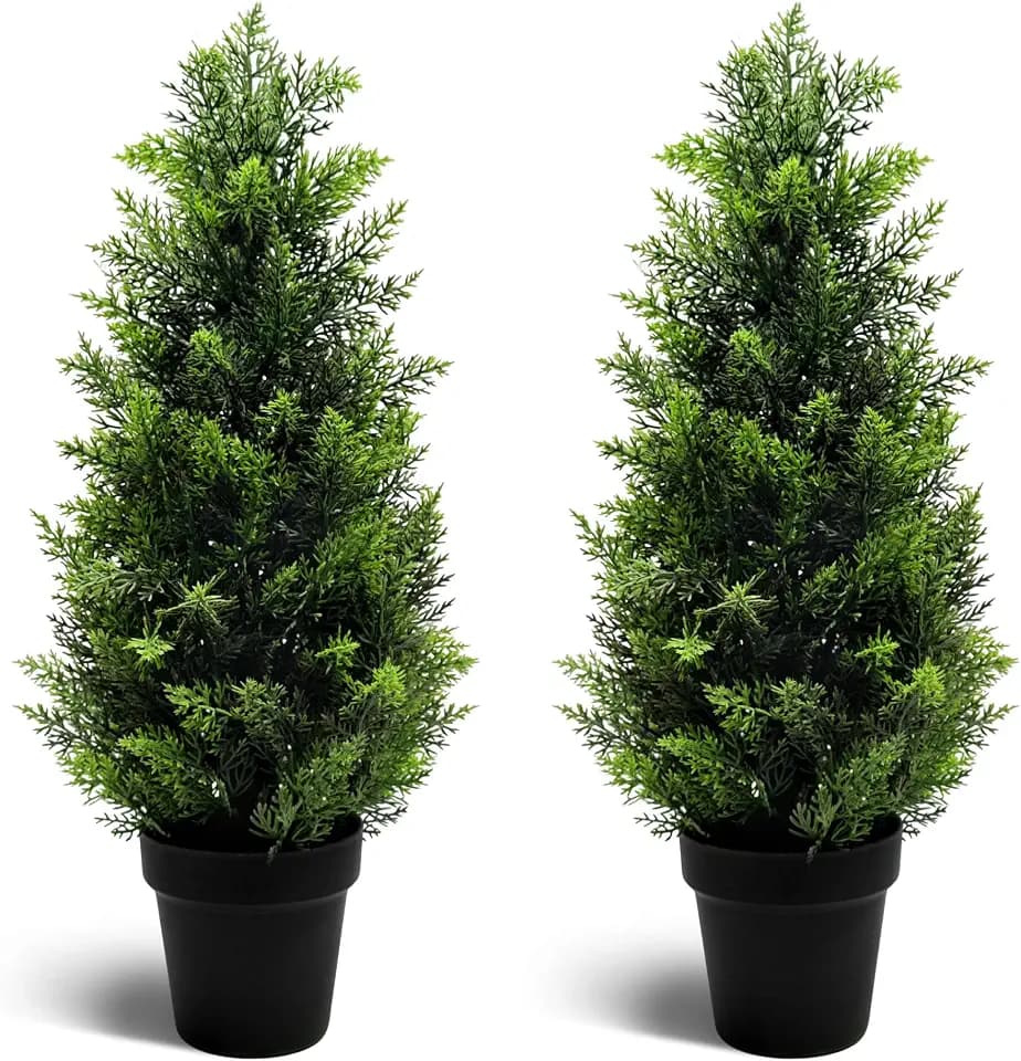 Two 2FT Artificial Cedar Trees, Beautiful and Realistic Fake Potted Trees,Artificial Evergreen Front Porch Decorations Plants, Suitable for Indoor, Office, Living Room and Room Decoration