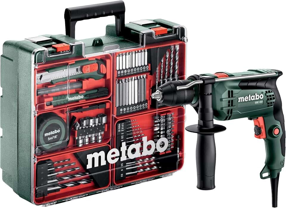 metabo Schlagbohrmaschine SBE 650 Set - 650 W - Drehzahlregelung, Zusatzhandgriff, Bohrtiefenanschlag, Transportkoffer, kompakt & leistungsstark - Bohren in Beton, Holz, Stahl - Inkl. Mobile Werkstatt