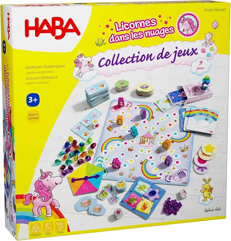 HABA Einhorn Glitzerglück Spielesammlung - 9 abwechslungsreiche Würfel, Brettspiele und Kartenspiele - mit einfachen Regeln - Made in Germany - für Kinder ab 3 Jahren - 2010879002