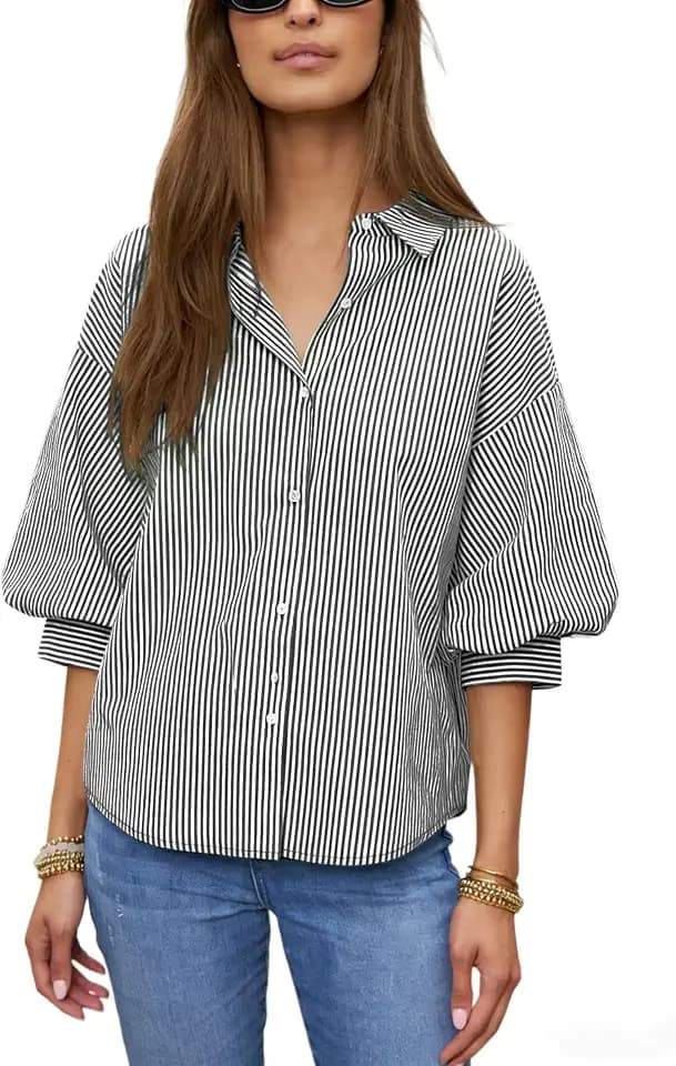 Women's Striped Button Down Shirt Puff Sleeve Casual Blouse