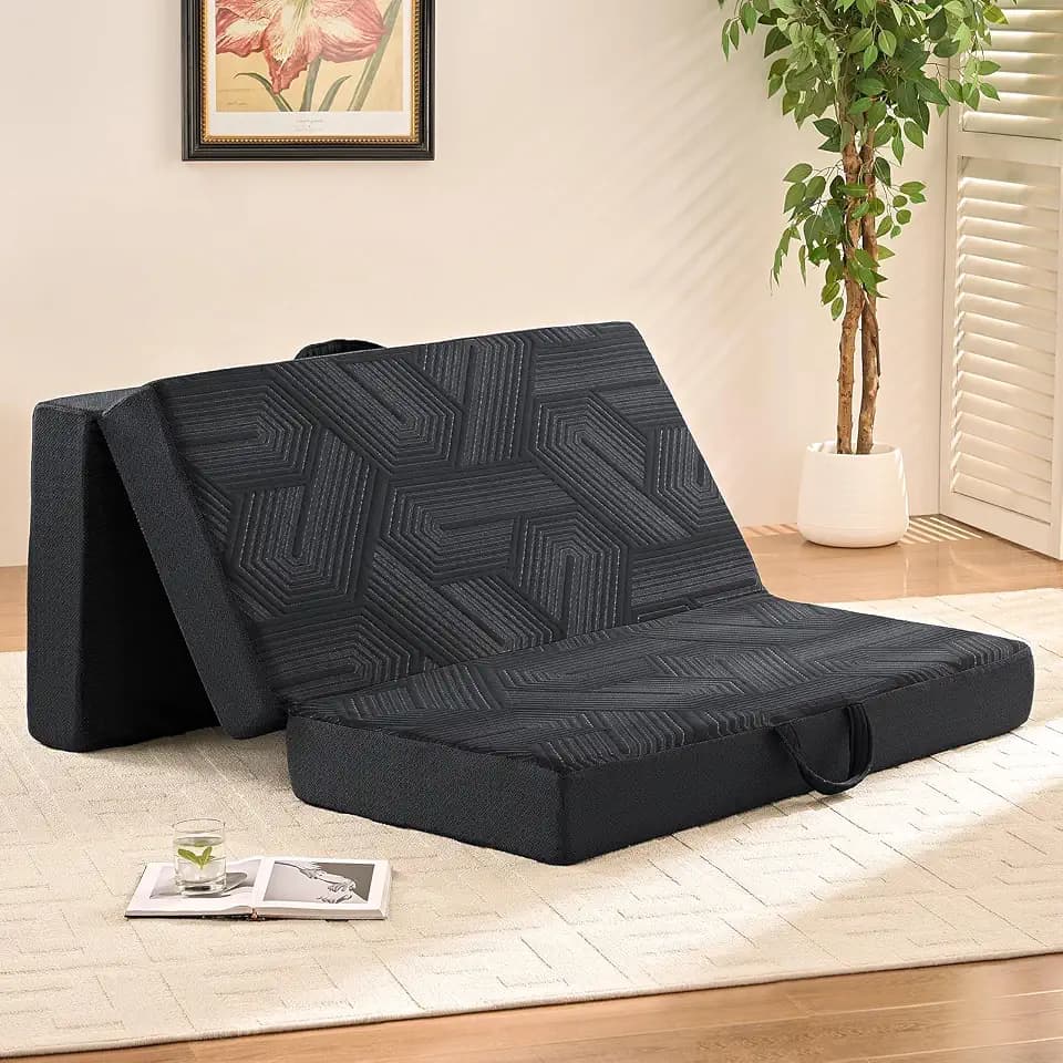 Trifold Mattress, 6 Inch Memory Foam Tri-Fold Mattress Twin Size, Foldable Mattress with Washable Cover, Handles and Non-Slip Bottom for Yoga, Living Room, Camping, 75"x 38" x 6", Black