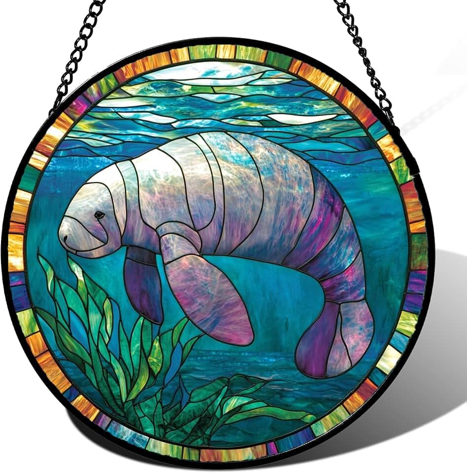 Ocean Manatee Seagrass Stained Glass Window Hanging Suncatcher Gifts 6.3"