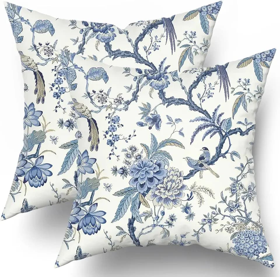 Chinoiserie Pillow Covers 20x20 Inch Blue and White Outdoor Pillows Blue Birds Flowers Throw Pillow Covers Cotton Square Cushion Cover Decor for Bedroom Couch Bed Living Room Sofa Chair Set of 2
