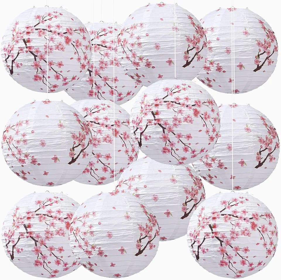 Honoson 12 Pcs Cherry Blossom Paper Lanterns Spring Floral Cherry Blossom Party Decorations Hanging 10 Inch Chinese Lanterns for Wedding Bridal Shower Baby Shower Tea Party Decorations