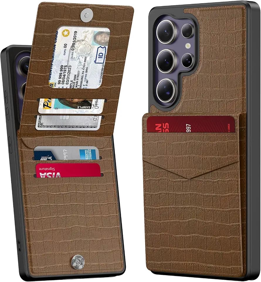 Bemal for Samsung Galaxy S25 Ultra Wallet Case, Built-in Card Holder, RFID Blocking, PU Leather Kickstand, Magnetic Closure, Durable Shockproof Phone Cover for Women Men, Alligator Pattern Brown