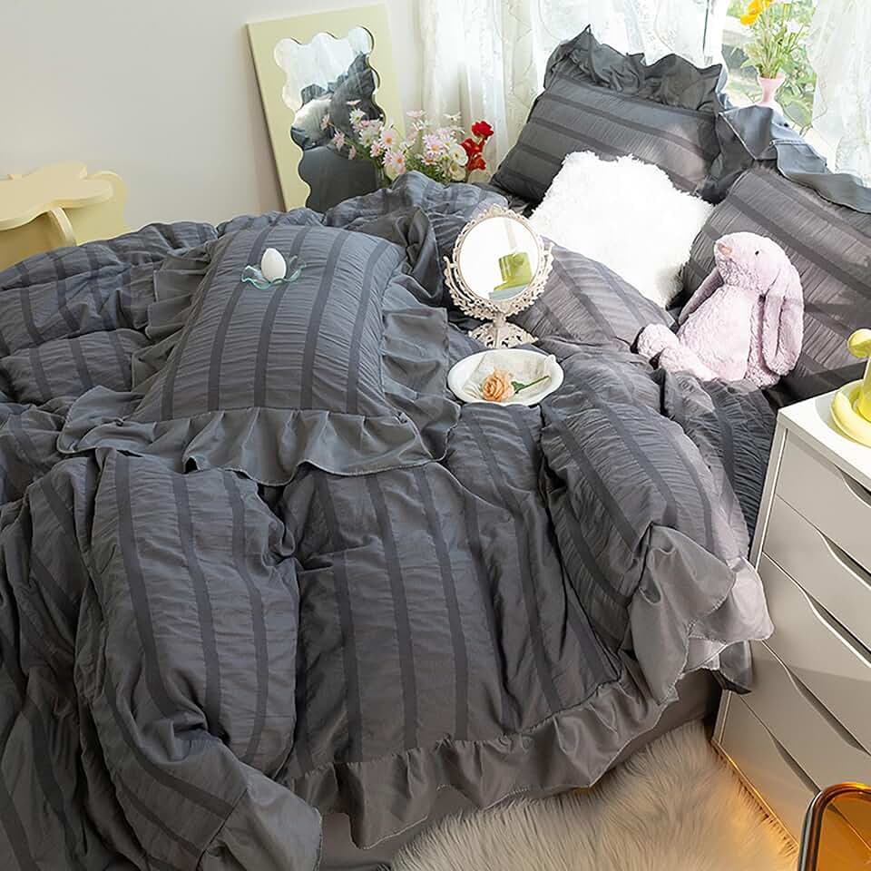 GETIYA Elegant Dunkelgrau Seersucker Bettwäsche 135x200 Damen Mädchen Bettwäsche mit Rüschen Seersucker Bettbezug Einzelbett Weich Mikrofaser Bettwäsche Grau mit 1 Kissenbezug 80x80