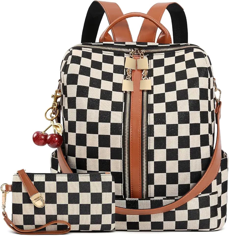 Small Backpack Purse for Women Checkered Back Pack Purses Ladies Backpack Handbags with Cherry Pendant Work Travel