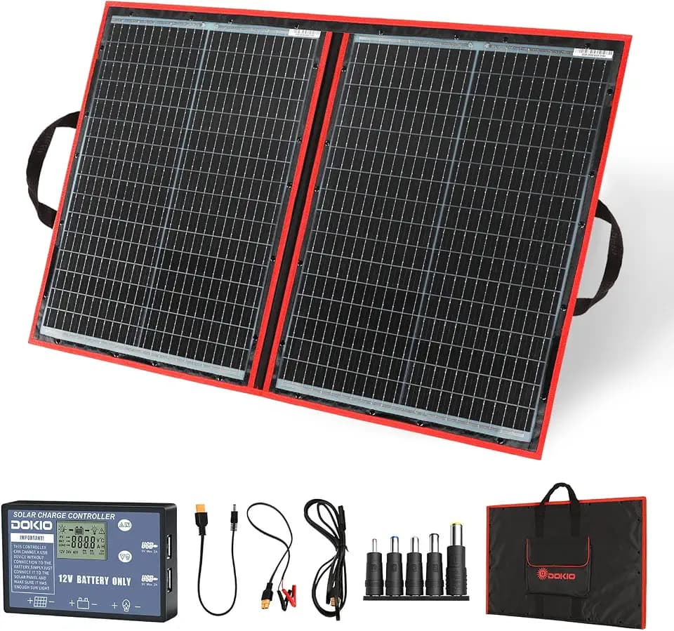 DOKIO Solarpanel Faltbar 100W Monokristalline Solarmodule Tragbar | mit Solarladeregler (LCD Anzeige + 2 USB Ausgang), PV Kabel (3 Meter), 5 DC Adapter
