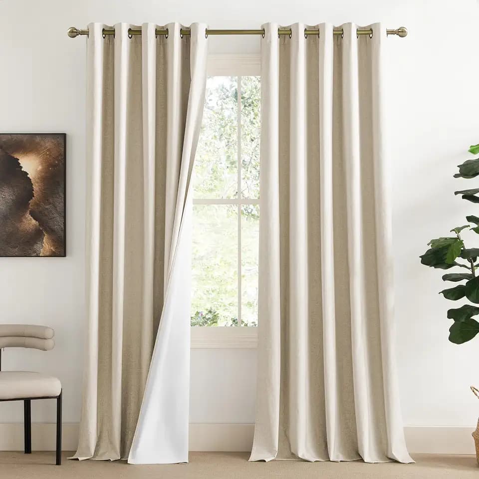 NICETOWN 100% Absolutely Blackout Linen Curtains with Thermal Insulated White Liner, Beige, W62, 2 Pieces, Noise Reducing Textured Linen Look Curtains for Windows 102 inch Length for Classroom