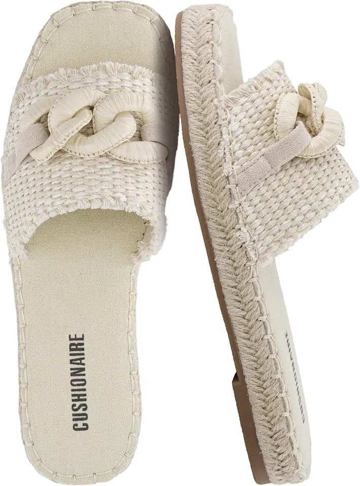 CUSHIONAIRE Lucia Raffia Bow Espadrille Sandals for Women, Woven Straw Flat Slide Summer Sandals with Cushioned Footbed