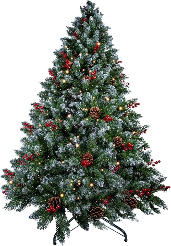 himaly Weihnachtsbaum künstlich 150 cm mit Schnee und 12m Lichterkette 240LEDs, Material PVC/PE, 450 Spitzen Christbaum mit 39 echten Tannenzapfen und 39 roten Früchten für Innen- und Außendekoration