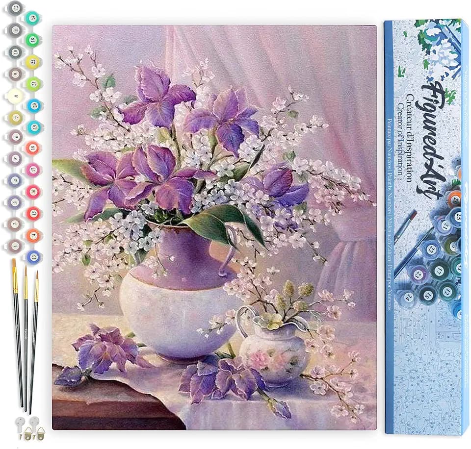Figured'Art Malen Nach Zahlen Erwachsene Elegante violette Vase - Paint by Numbers Basteln DIY Bastelset 40x50cm ohne Holzrahmen