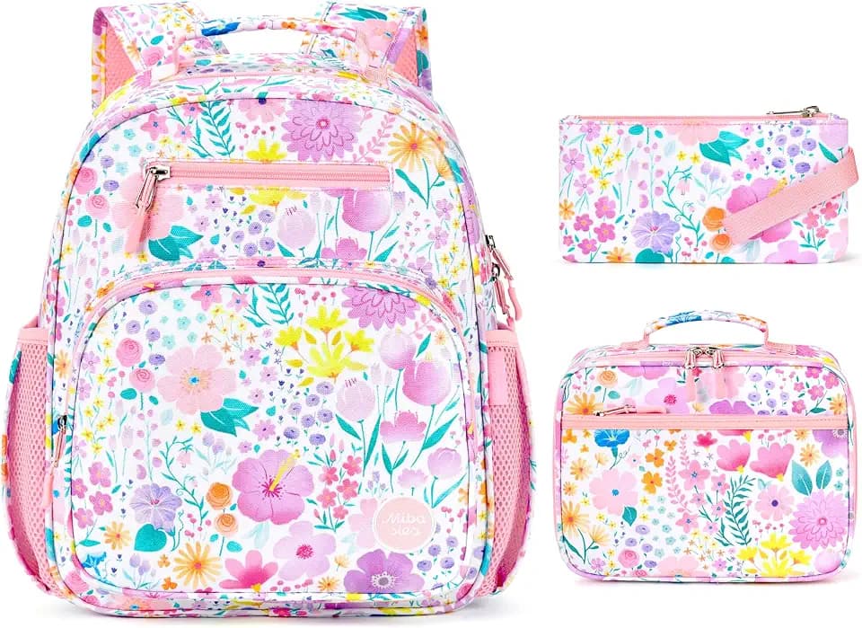 mibasies Girls Backpack with Lunch Box: 3PCS Kids Backpack Set for Kindergarten Elementary - 15 IN Cute Bookbag - Flower Pink