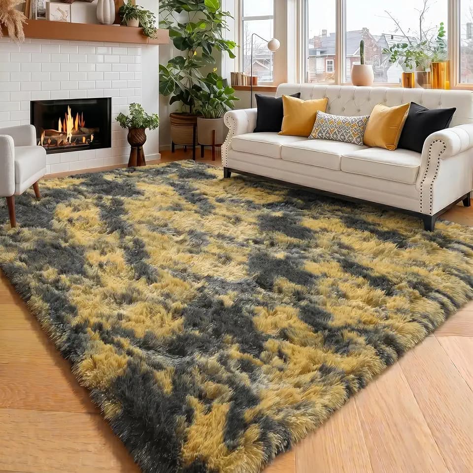 Amdrebio Black Gold Grey Fuzzy Area Rug 4x6 for Bedroom Living Room Dorm