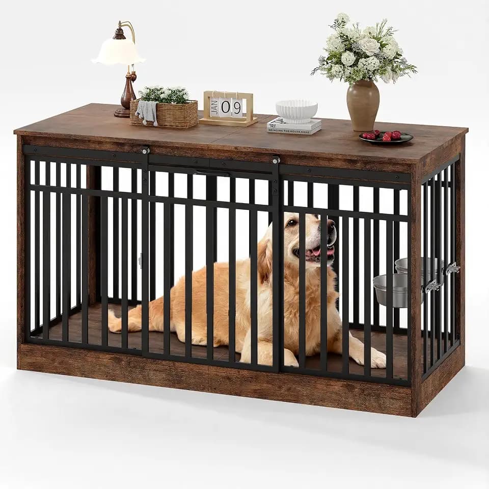 Garvee 55" Large Dog Crate Furniture - Heavy Duty Metal & Wood Dog Kennel with Sliding Door, Dog Cage Table with Bowls for Medium & Large Dogs, Extra Space, Rustic Brown