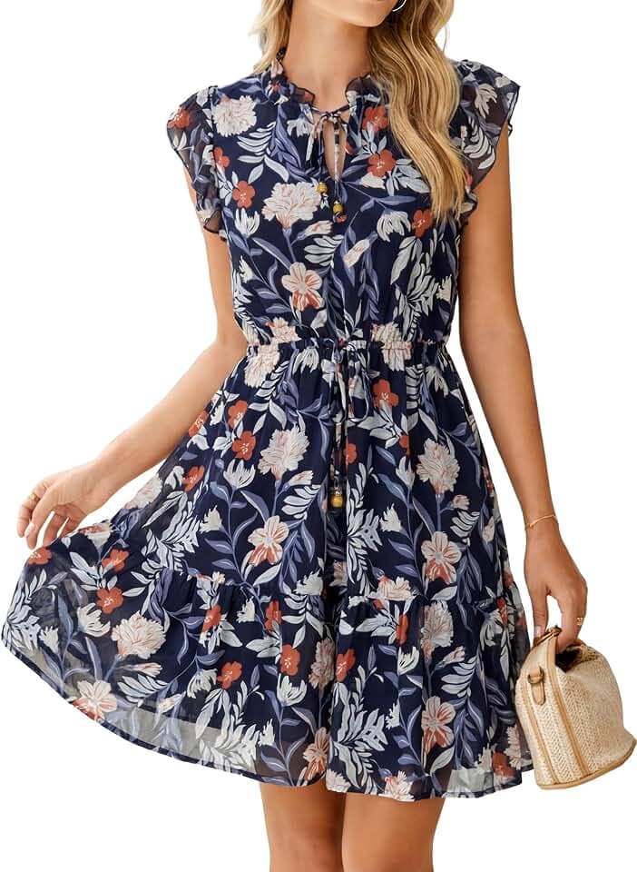 Simplee Womens Summer Dress 2026 Ruffle Short Sleeve Floral Boho Dress V Neck A-line Drawstring Mini Dress with Pockets