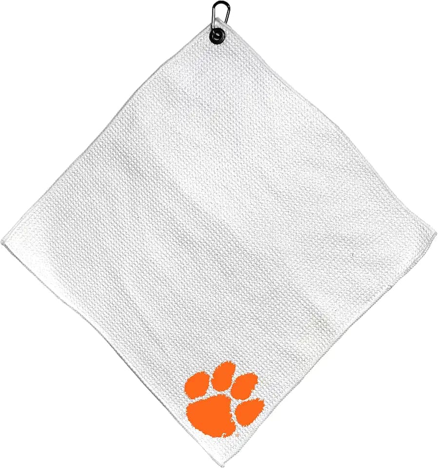 Team Golf NCAA Clemson Microfiber Towel - 15" X 15" (White) with Carabiner Clip, Premium Microfiber with Deep Waffle Pockets - Superior Water Absorption and Quick Dry Golf Cleaning Towel, Small