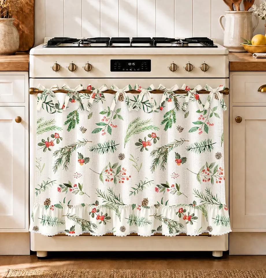 Christmas Oven Curtain with Tie Top, Holly Berry Oven Skirt